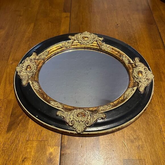 Vintage Tuscan Style Black and Gold Tone Wooden Oval Mirror Wall Decor 14" MCM - Picture 1 of 9